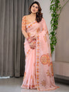 Peach Pink Mandala Printed Organza Saree with Multicolour Lace Border | Designer Lightweight Organza Saree with Attached Blouse Piece | Festive & Occasion Wear