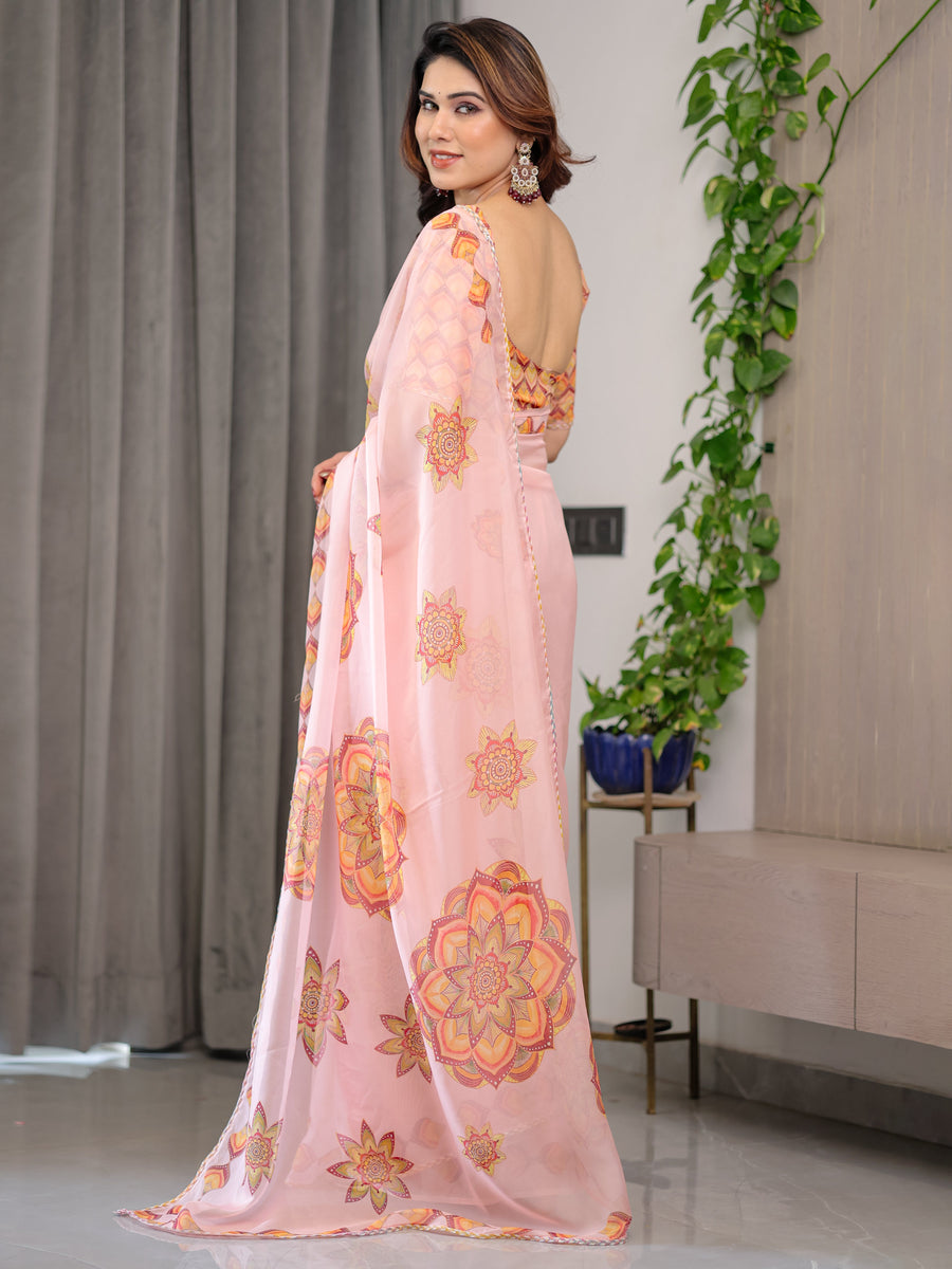 Peach Pink Mandala Printed Organza Saree with Multicolour Lace Border | Designer Lightweight Organza Saree with Attached Blouse Piece | Festive & Occasion Wear