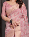 Blush Pink Handloom Linen Saree with Geometric White Print, Zari Border & Tassel Pallu | 5.5m Saree + 0.8m Blouse Piece