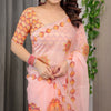 Peach Pink Mandala Printed Organza Saree with Multicolour Lace Border | Designer Lightweight Organza Saree with Attached Blouse Piece | Festive & Occasion Wear