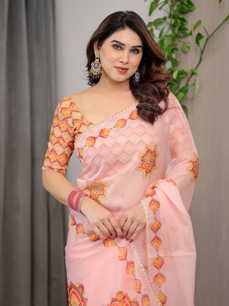 Peach Pink Mandala Printed Organza Saree with Multicolour Lace Border | Designer Lightweight Organza Saree with Attached Blouse Piece | Festive & Occasion Wear
