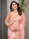Peach Pink Mandala Printed Organza Saree with Multicolour Lace Border | Designer Lightweight Organza Saree with Attached Blouse Piece | Festive & Occasion Wear