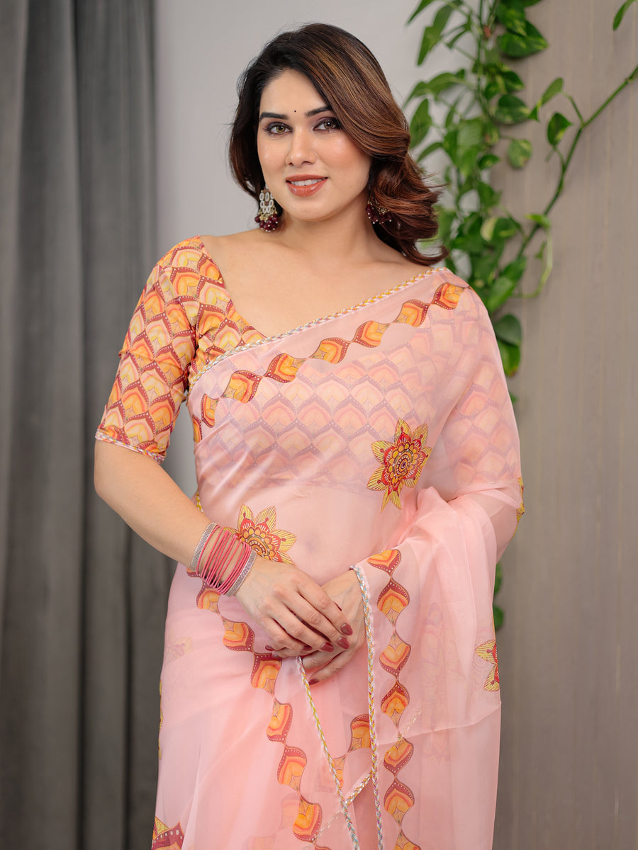 Peach Pink Mandala Printed Organza Saree with Multicolour Lace Border | Designer Lightweight Organza Saree with Attached Blouse Piece | Festive & Occasion Wear