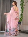 Blush Pink Printed Organza Saree with Royal Elephant Motifs & Floral Border | Designer Lightweight Organza Saree with Attached Blouse Piece | Festive & Ethnic Wear Saree