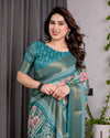 Teal Green Handloom Linen Saree with Multicolor Floral Printed Pallu & Zari Border | 5.5m Saree + 0.8m Blouse | Festive Tassel Finish