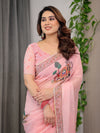 Blush Pink Printed Organza Saree with Royal Elephant Motifs & Floral Border | Designer Lightweight Organza Saree with Attached Blouse Piece | Festive & Ethnic Wear Saree