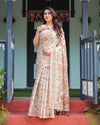 Beige Handloom Cotton-Linen Saree with Golden Zari Weave, Floral Printed Pallu & Tassel Detailing