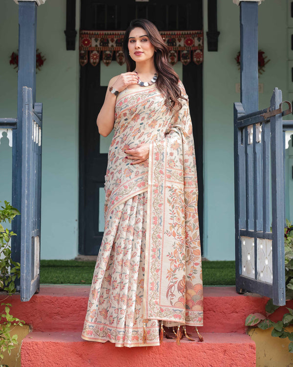 Beige Handloom Cotton-Linen Saree with Golden Zari Weave, Floral Printed Pallu & Tassel Detailing