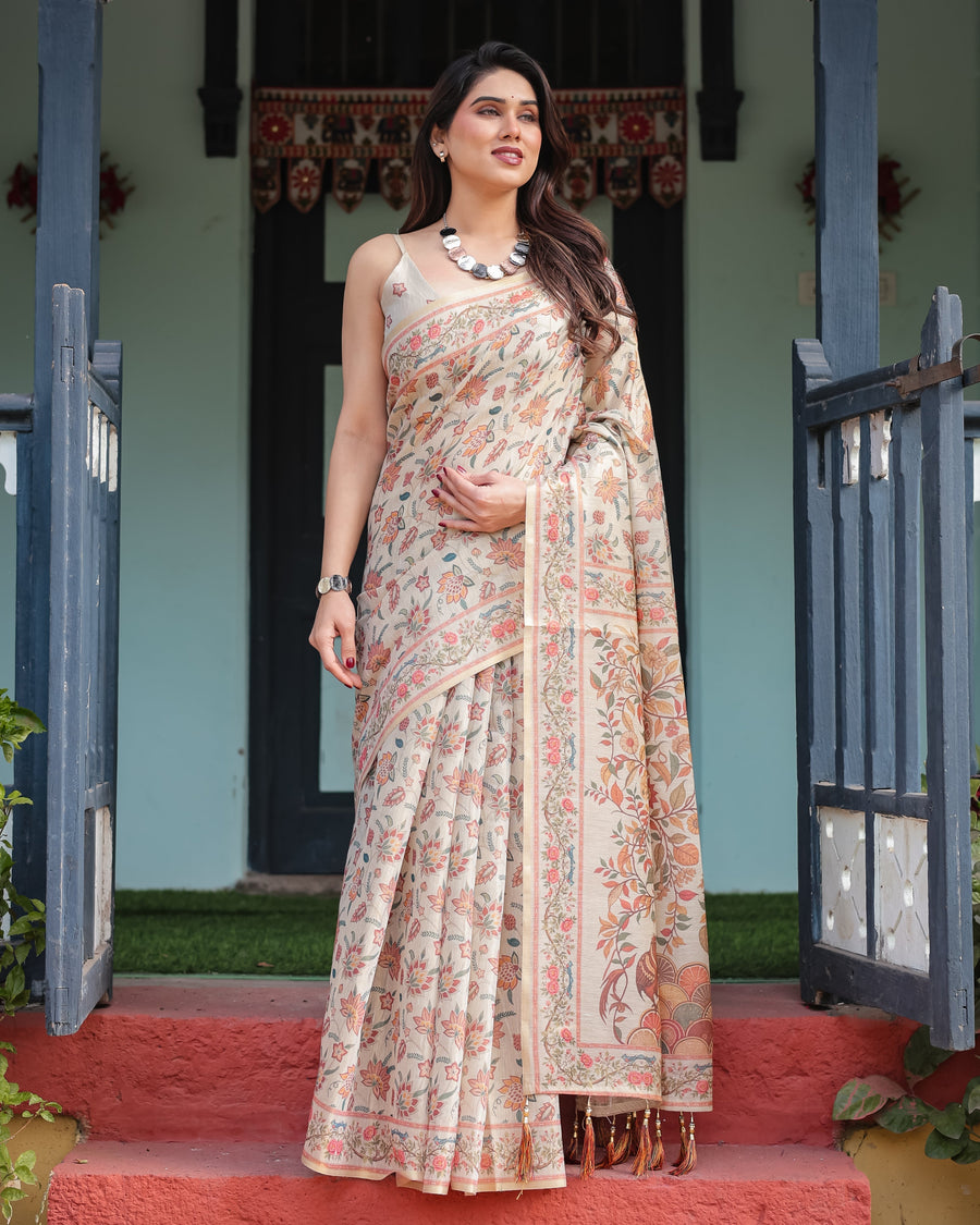 Beige Handloom Cotton-Linen Saree with Golden Zari Weave, Floral Printed Pallu & Tassel Detailing