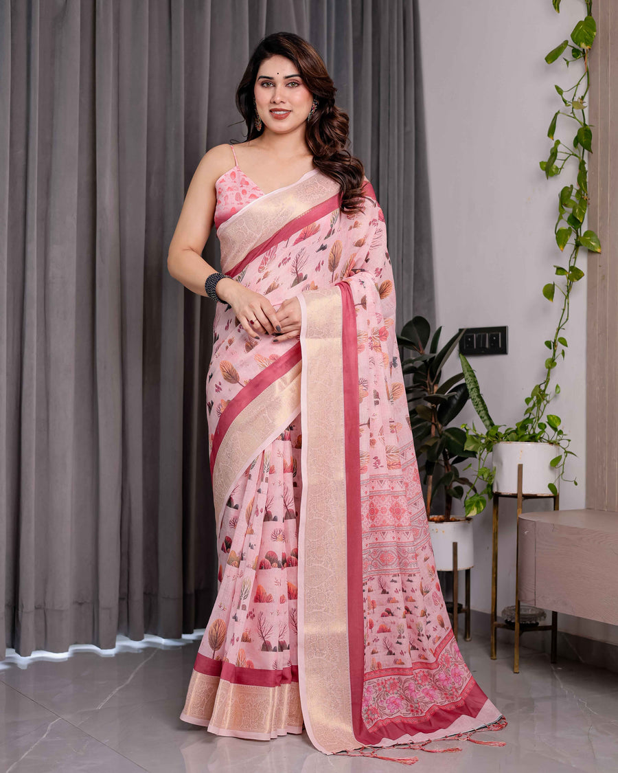 Blush Pink Handloom Linen Saree with Lotus Motif Printed Pallu & Zari Border | 5.5m Saree + 0.8m Blouse | Tassel Finish