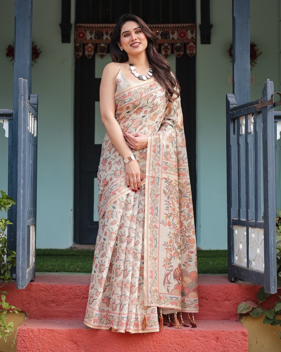 Beige Handloom Cotton-Linen Saree with Golden Zari Weave, Floral Printed Pallu & Tassel Detailing