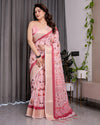 Blush Pink Handloom Linen Saree with Lotus Motif Printed Pallu & Zari Border | 5.5m Saree + 0.8m Blouse | Tassel Finish