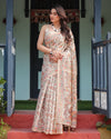 Beige Handloom Cotton-Linen Saree with Golden Zari Weave, Floral Printed Pallu & Tassel Detailing