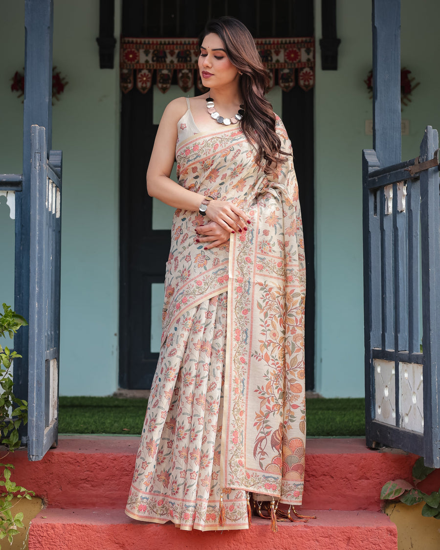 Beige Handloom Cotton-Linen Saree with Golden Zari Weave, Floral Printed Pallu & Tassel Detailing