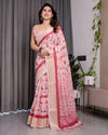 Blush Pink Handloom Linen Saree with Lotus Motif Printed Pallu & Zari Border | 5.5m Saree + 0.8m Blouse | Tassel Finish