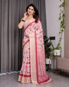 Blush Pink Handloom Linen Saree with Lotus Motif Printed Pallu & Zari Border | 5.5m Saree + 0.8m Blouse | Tassel Finish