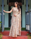 Beige Handloom Cotton-Linen Saree with Golden Zari Weave, Floral Printed Pallu & Tassel Detailing