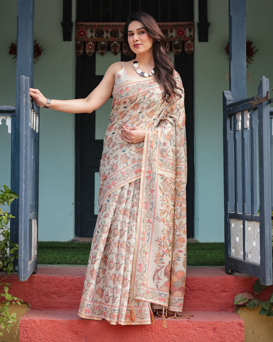 Beige Handloom Cotton-Linen Saree with Golden Zari Weave, Floral Printed Pallu & Tassel Detailing