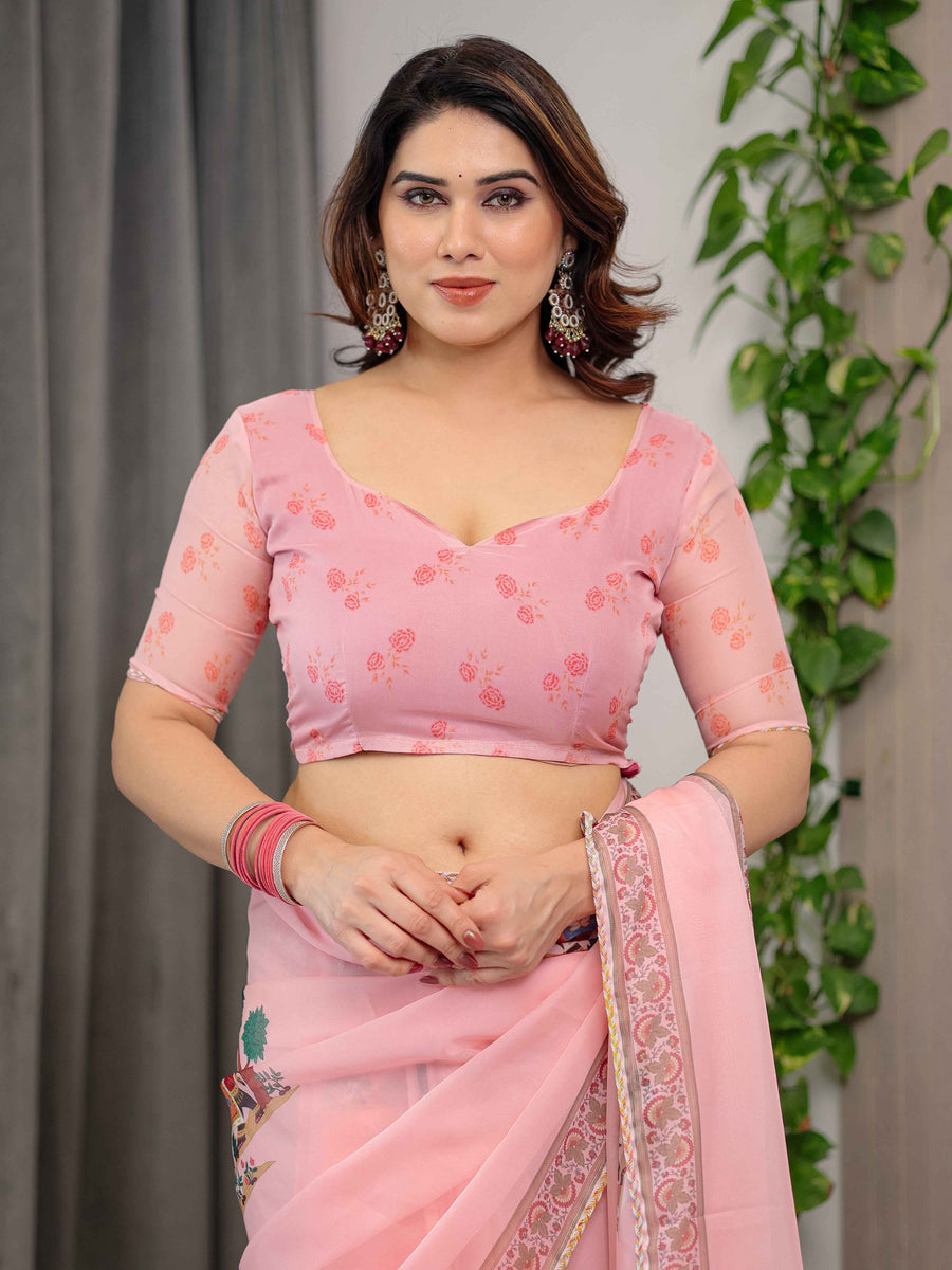 Blush Pink Printed Organza Saree with Royal Elephant Motifs & Floral Border | Designer Lightweight Organza Saree with Attached Blouse Piece | Festive & Ethnic Wear Saree