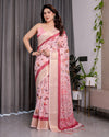 Blush Pink Handloom Linen Saree with Lotus Motif Printed Pallu & Zari Border | 5.5m Saree + 0.8m Blouse | Tassel Finish