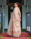 Beige Handloom Cotton-Linen Saree with Golden Zari Weave, Floral Printed Pallu & Tassel Detailing