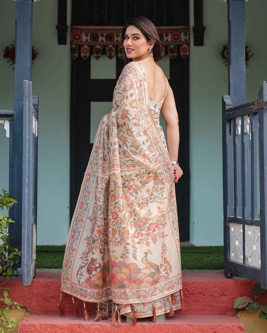 Beige Handloom Cotton-Linen Saree with Golden Zari Weave, Floral Printed Pallu & Tassel Detailing