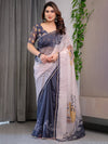 Grey & Ivory Abstract Printed Organza Saree with Multicolour Lace Border | Designer Lightweight Organza Saree with Attached Blouse Piece | Contemporary Festive Saree
