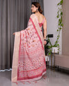 Blush Pink Handloom Linen Saree with Lotus Motif Printed Pallu & Zari Border | 5.5m Saree + 0.8m Blouse | Tassel Finish