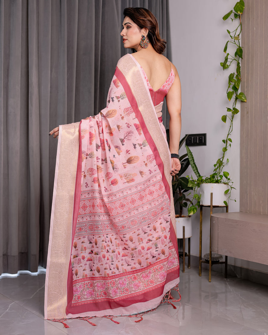 Blush Pink Handloom Linen Saree with Lotus Motif Printed Pallu & Zari Border | 5.5m Saree + 0.8m Blouse | Tassel Finish