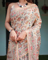 Beige Handloom Cotton-Linen Saree with Golden Zari Weave, Floral Printed Pallu & Tassel Detailing