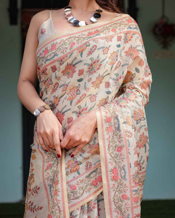 Beige Handloom Cotton-Linen Saree with Golden Zari Weave, Floral Printed Pallu & Tassel Detailing