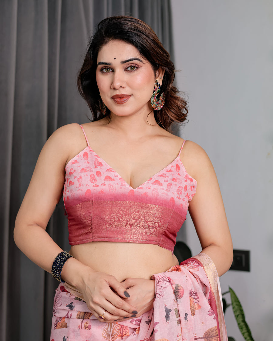 Blush Pink Handloom Linen Saree with Lotus Motif Printed Pallu & Zari Border | 5.5m Saree + 0.8m Blouse | Tassel Finish