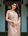 Beige Handloom Cotton-Linen Saree with Golden Zari Weave, Floral Printed Pallu & Tassel Detailing