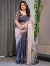 Grey & Ivory Abstract Printed Organza Saree with Multicolour Lace Border | Designer Lightweight Organza Saree with Attached Blouse Piece | Contemporary Festive Saree