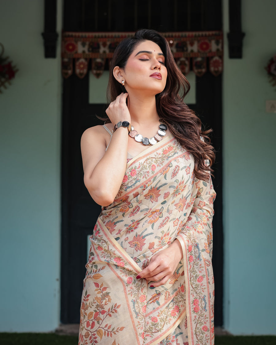 Beige Handloom Cotton-Linen Saree with Golden Zari Weave, Floral Printed Pallu & Tassel Detailing