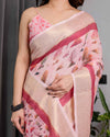 Blush Pink Handloom Linen Saree with Lotus Motif Printed Pallu & Zari Border | 5.5m Saree + 0.8m Blouse | Tassel Finish