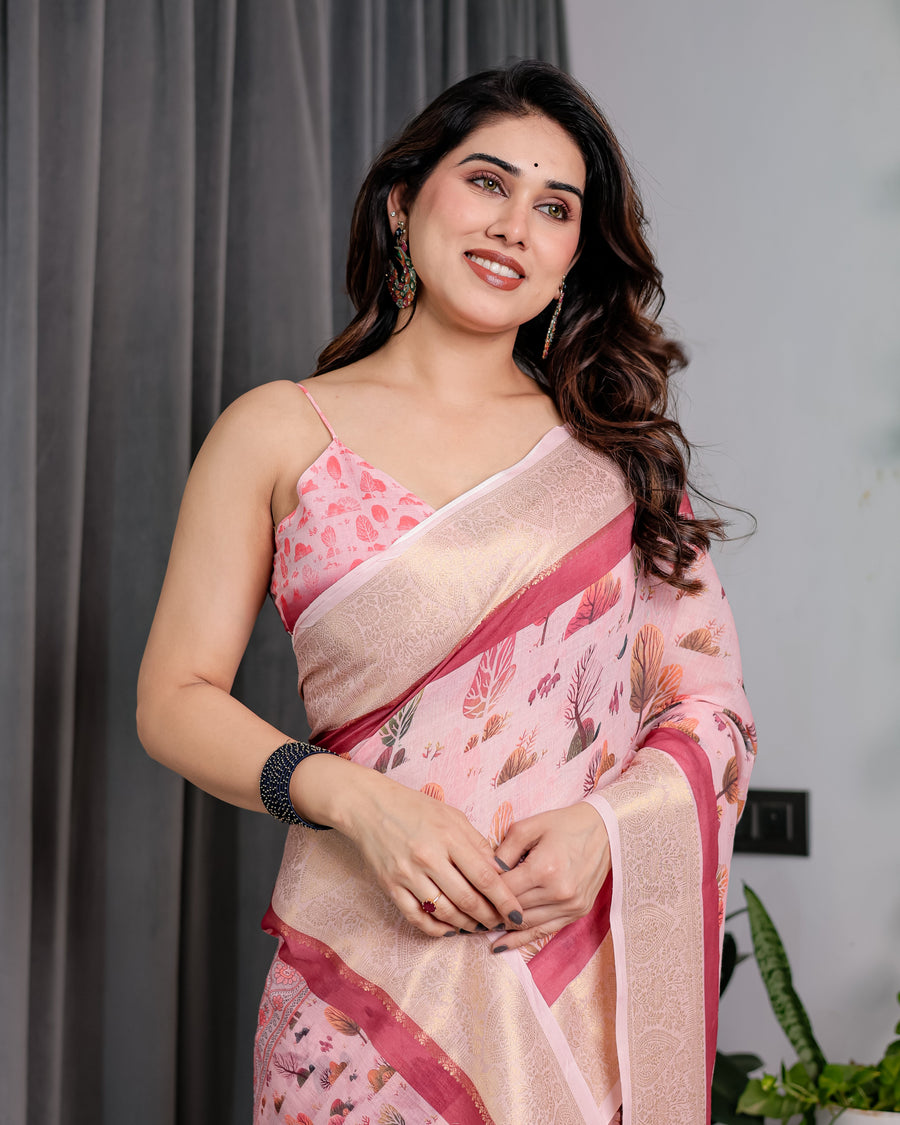 Blush Pink Handloom Linen Saree with Lotus Motif Printed Pallu & Zari Border | 5.5m Saree + 0.8m Blouse | Tassel Finish