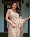Beige Handloom Cotton-Linen Saree with Golden Zari Weave, Floral Printed Pallu & Tassel Detailing