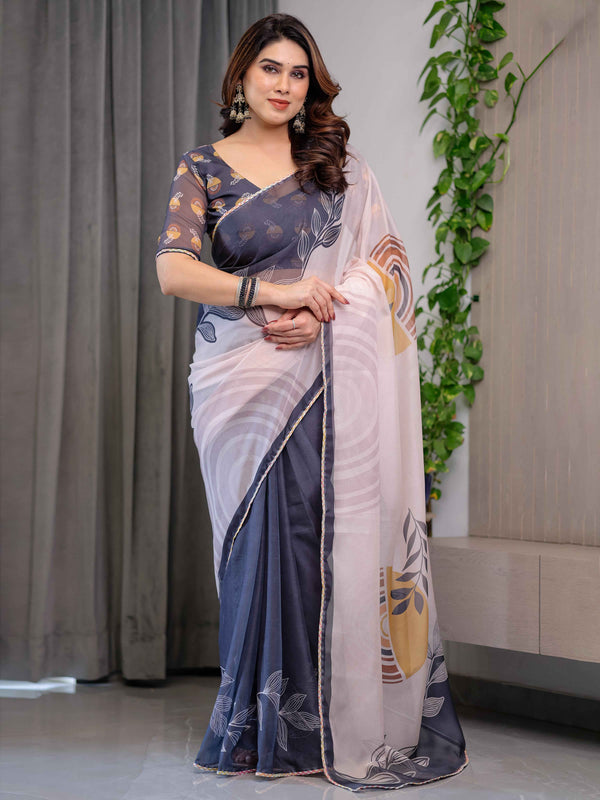 Grey & Ivory Abstract Printed Organza Saree with Multicolour Lace Border | Designer Lightweight Organza Saree with Attached Blouse Piece | Contemporary Festive Saree