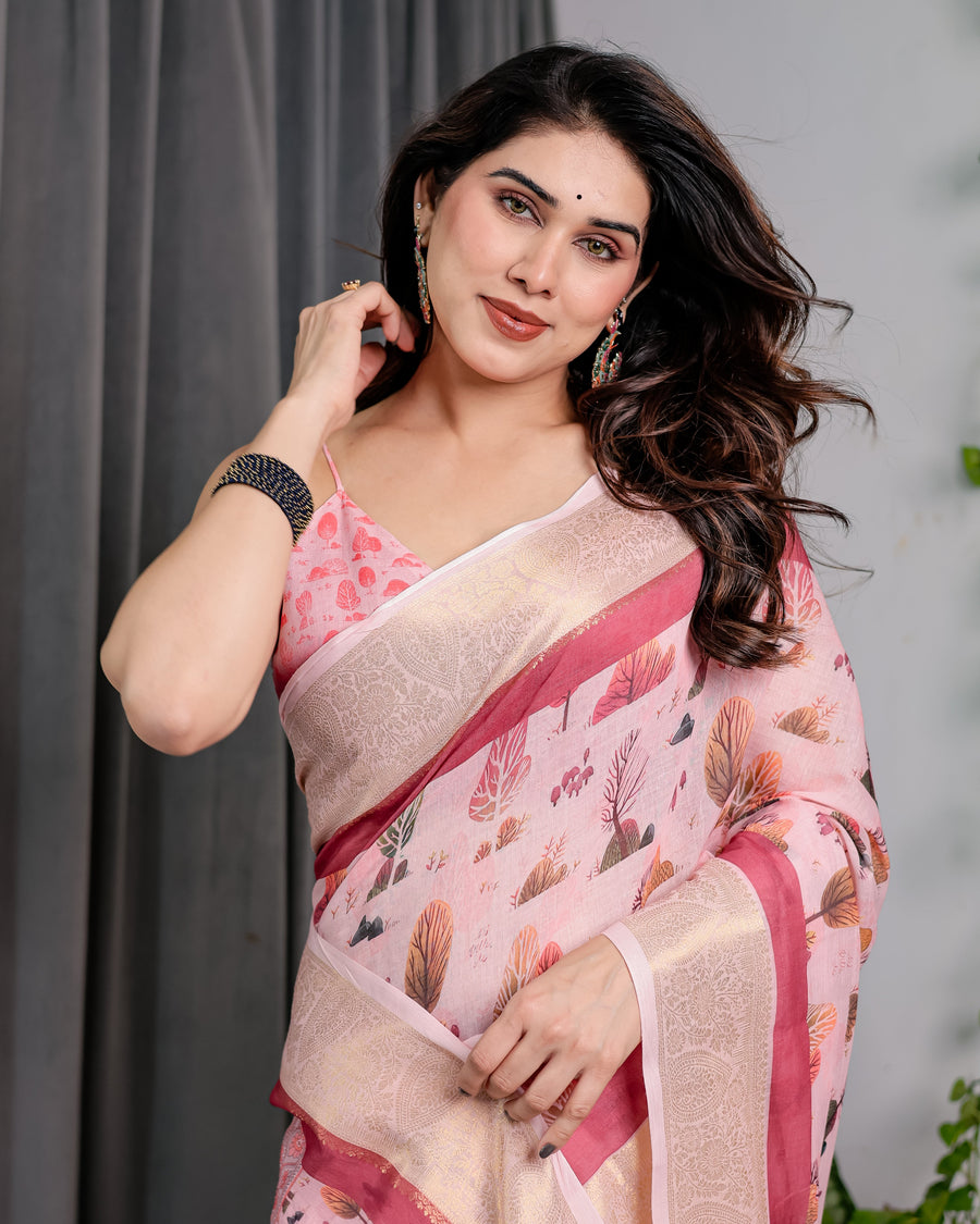 Blush Pink Handloom Linen Saree with Lotus Motif Printed Pallu & Zari Border | 5.5m Saree + 0.8m Blouse | Tassel Finish