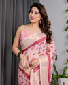 Blush Pink Handloom Linen Saree with Lotus Motif Printed Pallu & Zari Border | 5.5m Saree + 0.8m Blouse | Tassel Finish
