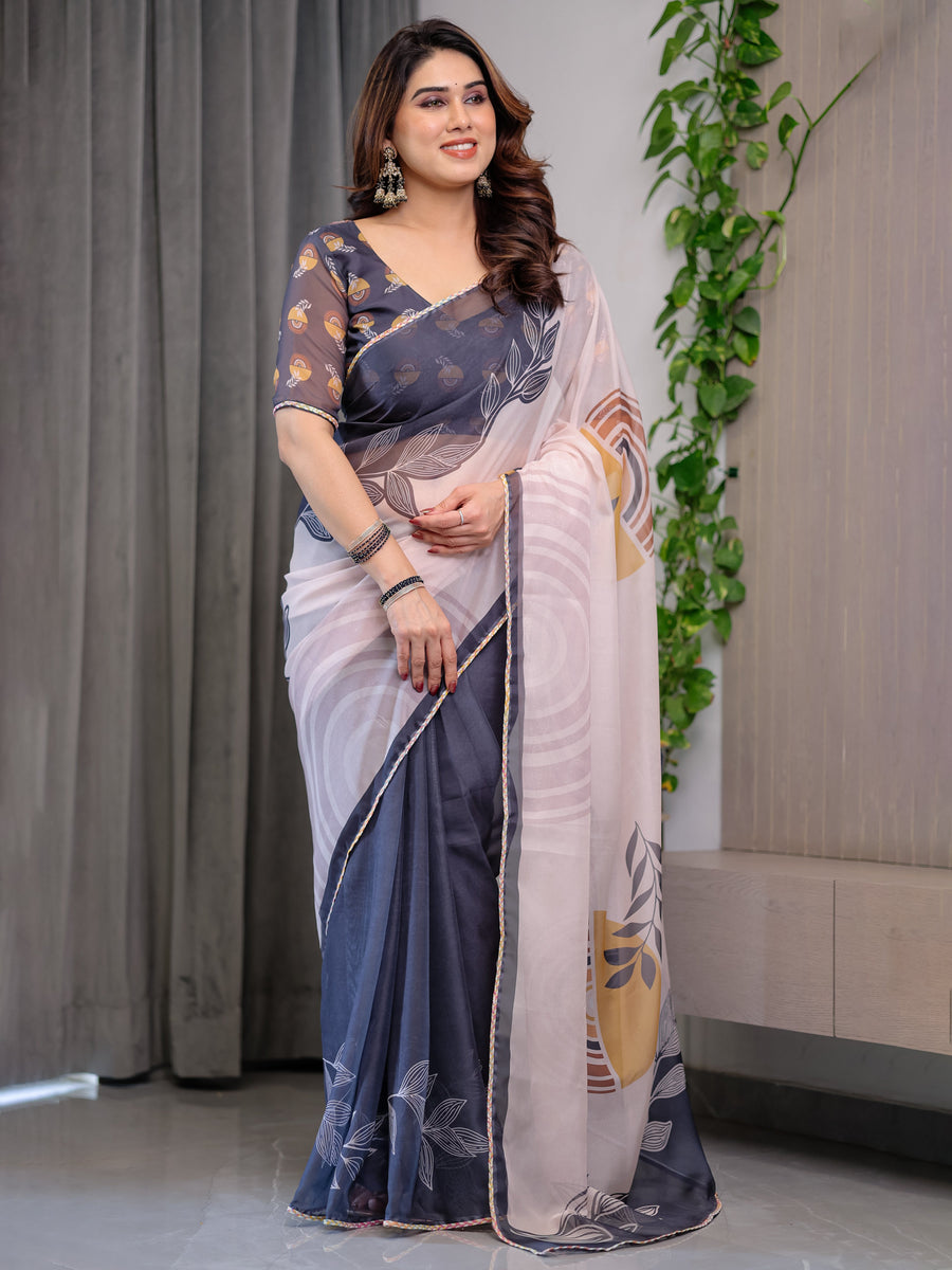 Grey & Ivory Abstract Printed Organza Saree with Multicolour Lace Border | Designer Lightweight Organza Saree with Attached Blouse Piece | Contemporary Festive Saree