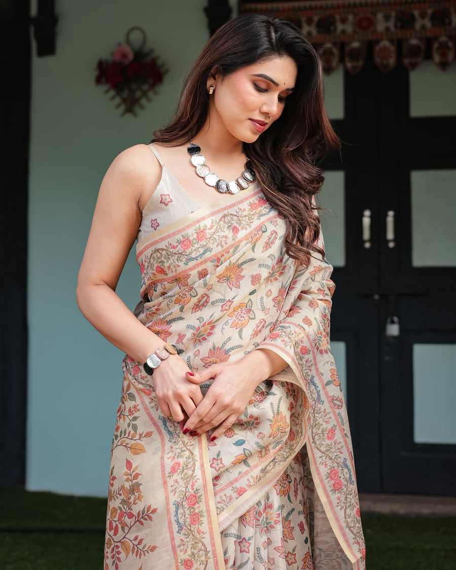 Beige Handloom Cotton-Linen Saree with Golden Zari Weave, Floral Printed Pallu & Tassel Detailing