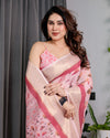 Blush Pink Handloom Linen Saree with Lotus Motif Printed Pallu & Zari Border | 5.5m Saree + 0.8m Blouse | Tassel Finish