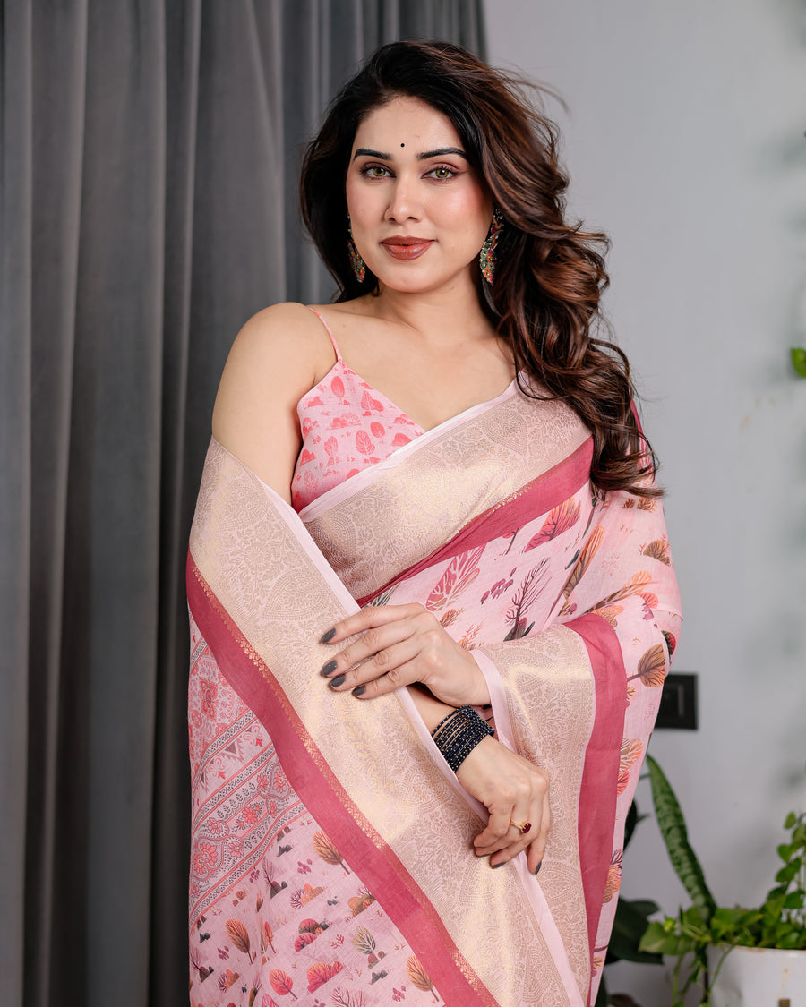 Blush Pink Handloom Linen Saree with Lotus Motif Printed Pallu & Zari Border | 5.5m Saree + 0.8m Blouse | Tassel Finish
