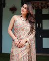 Beige Handloom Cotton-Linen Saree with Golden Zari Weave, Floral Printed Pallu & Tassel Detailing