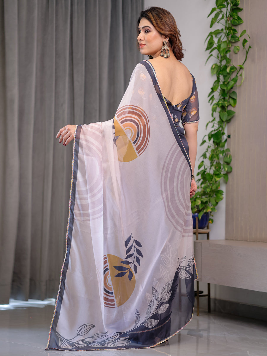 Grey & Ivory Abstract Printed Organza Saree with Multicolour Lace Border | Designer Lightweight Organza Saree with Attached Blouse Piece | Contemporary Festive Saree