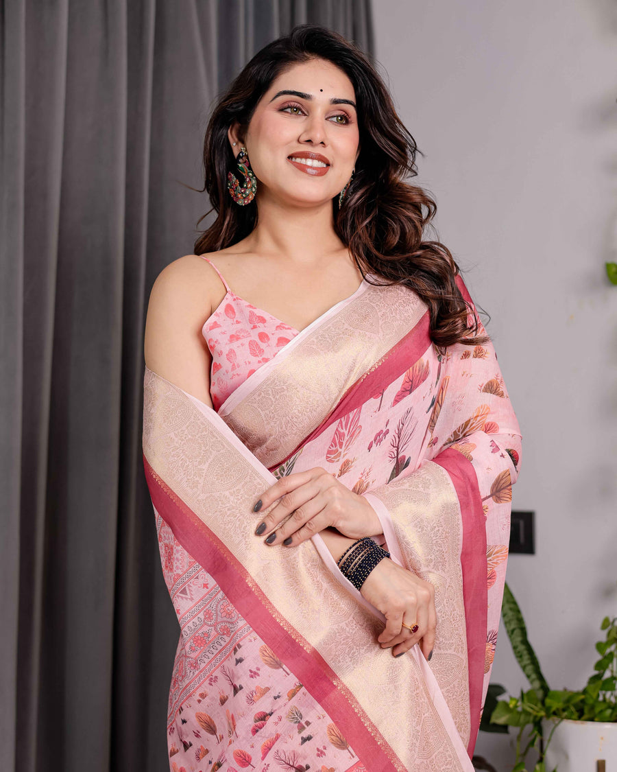 Blush Pink Handloom Linen Saree with Lotus Motif Printed Pallu & Zari Border | 5.5m Saree + 0.8m Blouse | Tassel Finish