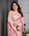 Blush Pink Handloom Linen Saree with Lotus Motif Printed Pallu & Zari Border | 5.5m Saree + 0.8m Blouse | Tassel Finish