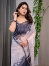 Grey & Ivory Abstract Printed Organza Saree with Multicolour Lace Border | Designer Lightweight Organza Saree with Attached Blouse Piece | Contemporary Festive Saree